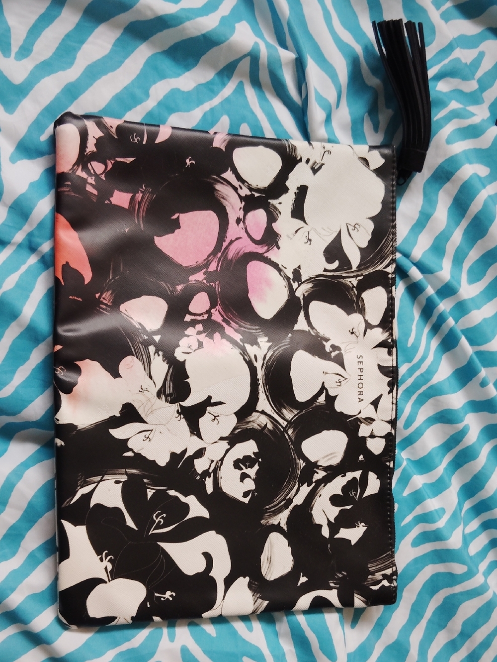 Sephora Black &White Floral Zip Cosmetic Pouch with Tassel